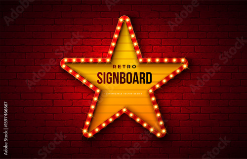 Retro Signboard Lightbox Banner Design with Glowing Star Shape Light Bulb Frame Billboard on Vintage Brick Wall Background. Vector Customizable Marquee Sign Illustration for Casino Advertising