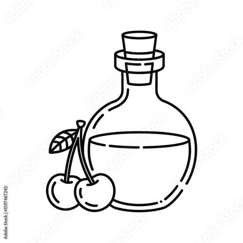 Cherry Oil Bottle Outline Illustration for Beauty and Wellness Products