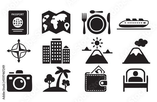 Travel icons passport map dining cruise compass buildings mountains camera island wallet bed