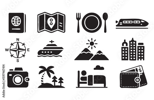 Travel icons passport map food train compass ship mountains city camera island bed wallet