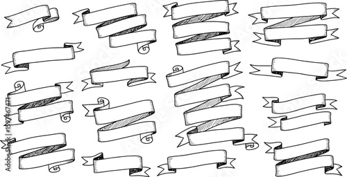Vector set of hand drawn doodle ribbons banners isolated on white background design elements art