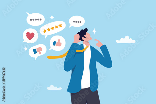 Listening to feedback, criticize message, customer advice or hearing client response, communication or answer, seek feedback concept, businessman listen to customer social media feedback expression.