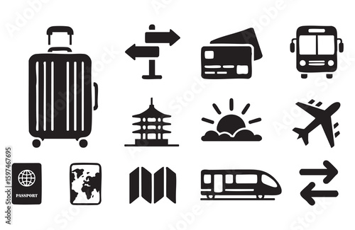 Travel icons suitcase airplane passport bus train map