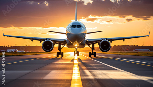 un avion de pasajeros de una aerolínea en la pista de aterrizaje de un aeropuerto a punto de despegar e iniciar un viaje con el sol del atardecer