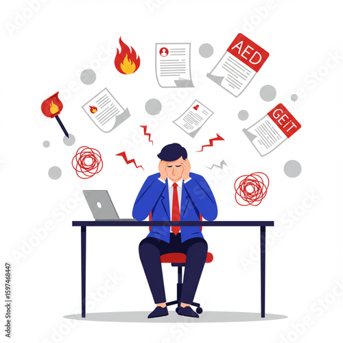 Stressed businessman overwhelmed by paperwork and deadlines.