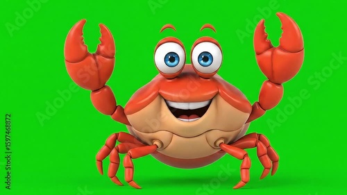 3D Cartoon Crab Raising Claws - Isolated on Green Screen Animation