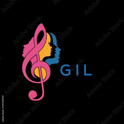 GIL Colorful Music Logo with Female Silhouettes and Treble Clef, GIL  Later Logo, Creative Women’s Face Profiles in Musical Design, Modern Artistic Treble Clef with Feminine Silhouettes.
