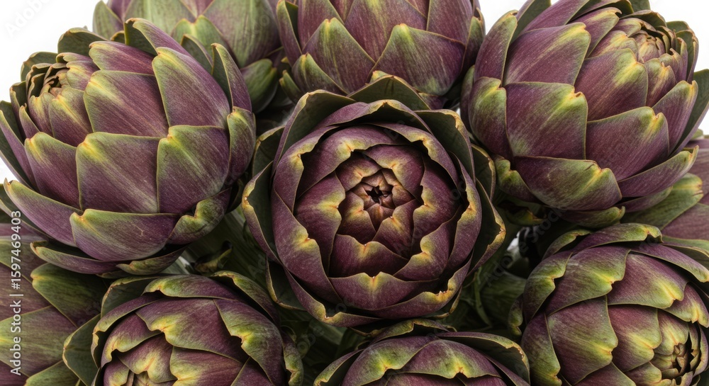 Close up of purple artichokes with green leaves fresh artichoke Close up of purple artichokes with green leaves fresh artichoke