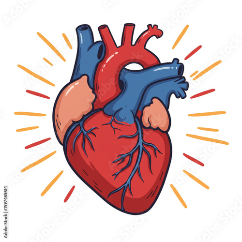 Anatomical heart illustration with red and blue vessels and stylized radiating light bursts