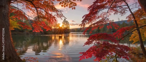 Autumn Sunset over Calm Lake with Red Maple Trees