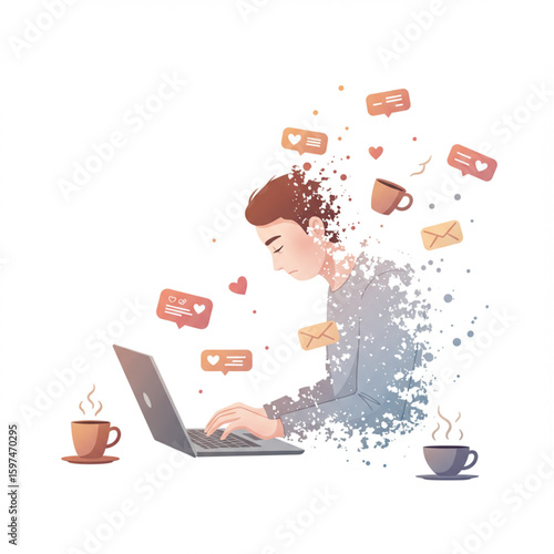 A young man, overwhelmed by social media notifications, works on a laptop.