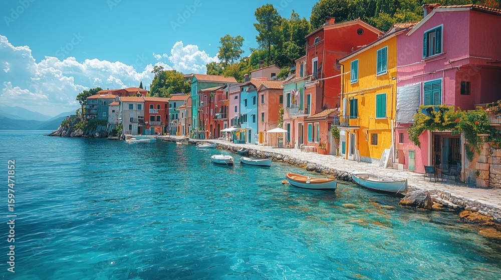 Obraz premium Colorful Mediterranean street leading to the sea with boats