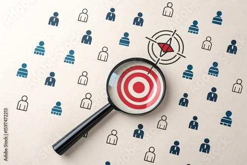 Magnifying glass focused on a target amidst a crowd of people icons