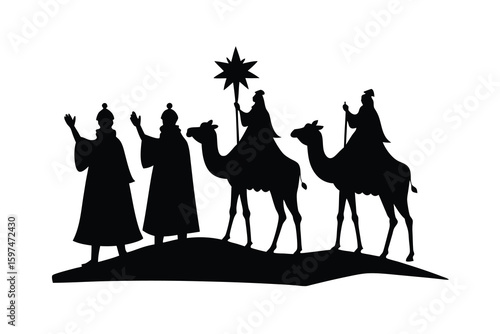 Three Wise Men Silhouette Following the Star of Bethlehem on Camels