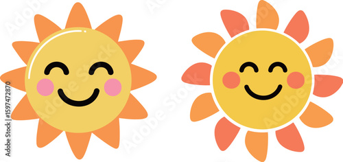 Adorable smiling sun illustrations with cheerful expressions and rosy cheeks for happy themes.