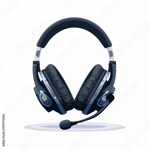 Flat vector of a professional gaming headset with microphone, dark theme color palette, sleek and modern tech design