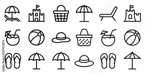 Summer and beach outline icons set – vacation, travel, and leisure symbols