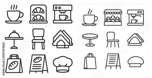 Coffee shop and bakery outline icons set – linear, café, pastry and food symbols