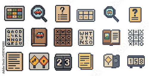 Puzzle and games pixel art icons set – retro, gaming, brain teasers collection
