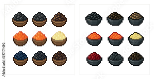 Food and spices pixel art icons set – retro, culinary, gourmet seasoning symbols