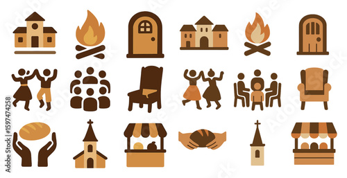 Community and tradition filled icons set – solid, cultural, heritage symbols