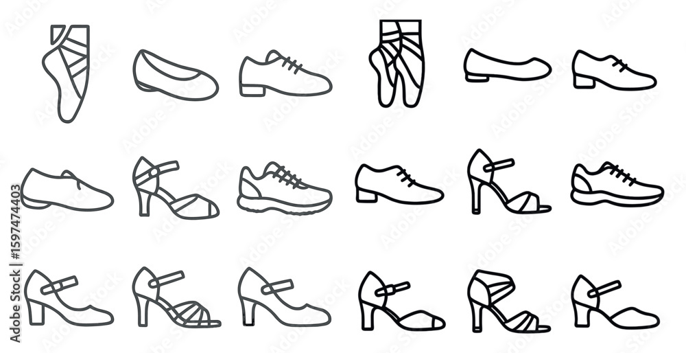 Obraz premium Dance and footwear outline icons set – ballet, shoes, line art symbols