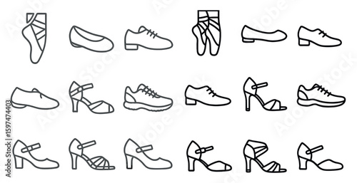 Dance and footwear outline icons set – ballet, shoes, line art symbols