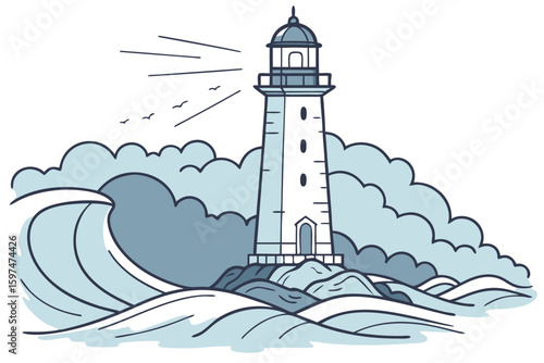 Halifax harbor lighthouse stands firm as waves crash and clouds drift across the sky, modern flat illustration style