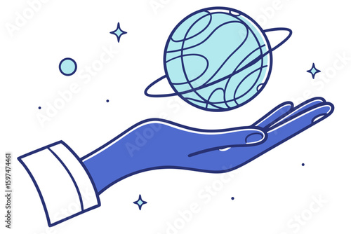 Hand cradles a floating holographic sphere in cosmic blue, symbolizing digital realms and the universe, modern flat illustration style