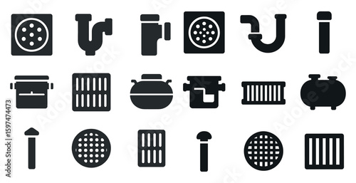 Plumbing and drainage silhouette icons set – solid, filled, pipe and sewage symbols