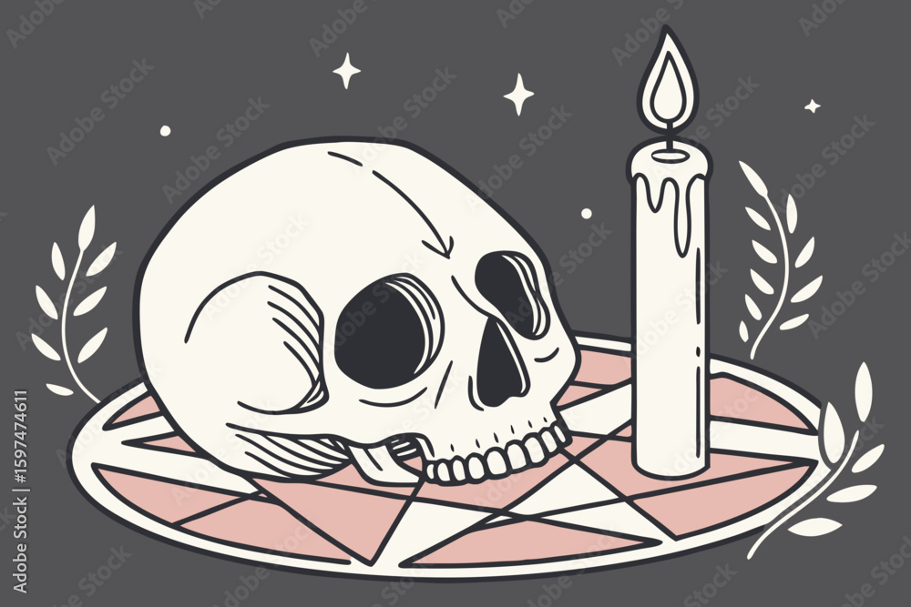 Obraz premium Hand-drawn occult ritual scene with skull and candle, depicting mystical symbolism and dark esoterica in modern flat illustration style.