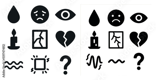 Sadness and emotion icons set - silhouette, solid, depression and mental health symbols