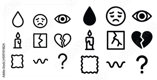 Emotional expression outline icons set – solid, filled, mood and mental health symbols