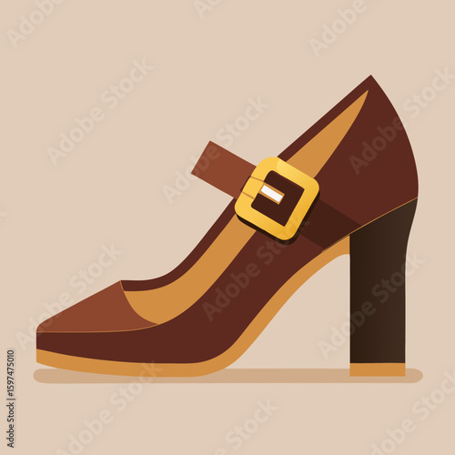 Stylish brown mary jane high heel shoe with gold buckle and strap
