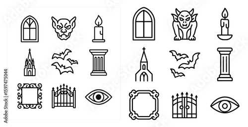 Gothic outline icons set – silhouette, haunted, eerie symbols