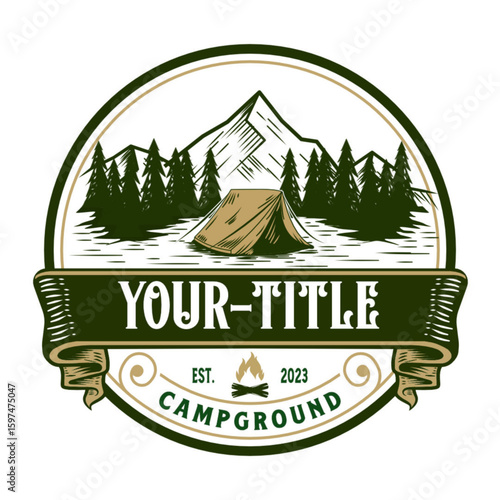 Vintage camping logo design featuring a tent, mountains, and forest.