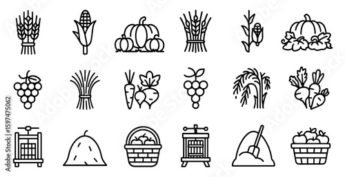 Agriculture and harvest line icons set – outline, farming, crop symbols collection