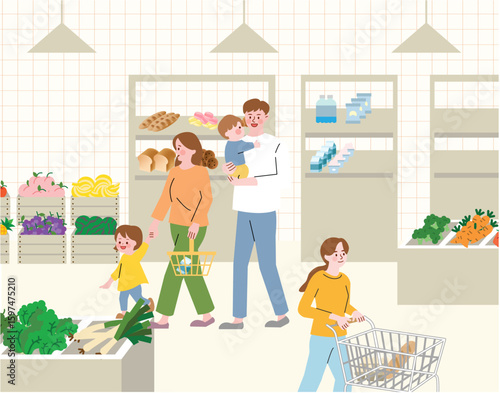 Family grocery shopping at the supermarket