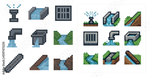 Waterflow management pixel art icons set – drainage, pipeline, irrigation graphics