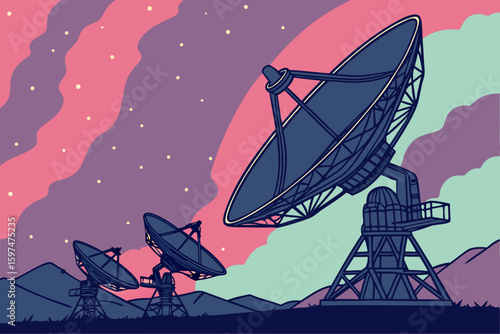Large satellite dishes point to the Milky Way’s colorful core, blending astronomy and advanced space tech, modern flat illustration style
