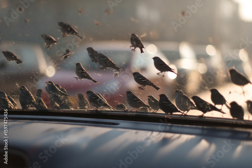 Bird droppings on a parked car's windshield, highlighting the challenges of urban wildlife.