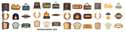 Bakery and baking pixel art icons set – cooking, bread, culinary symbols