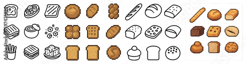 Bakery and bread icons set – pixel art, outline, baked goods graphics collection