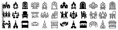 Community and social solid icons set – silhouette, filled, and group interaction symbols