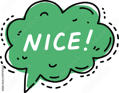 Expressive "NICE!" speech bubble in a hand-drawn green style, conveying approval and positivity.