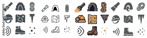 Cave exploration icons set – pixel art, solid, adventure and outdoor tools