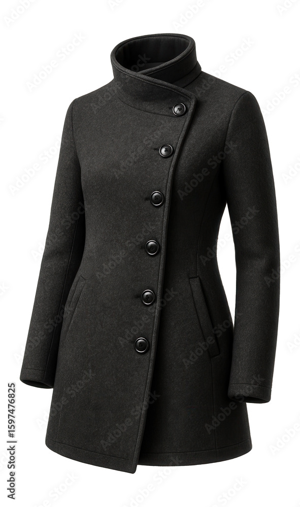 Boiled wool coat with asymmetric button placket and funnel neck Boiled wool coat with asymmetric button placket and funnel neck