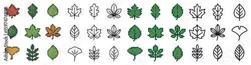 Nature and botanical icons set – pixel art, outline, garden and plant symbols