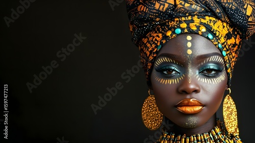 African woman with elaborate traditional jewelry and vibrant face paint, wearing colorful headwrap and ornate accessories, styled in cultural fashion portrait