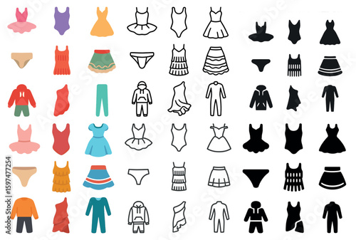 Fashion and apparel icons set – flat, filled, clothing symbols and silhouette designs